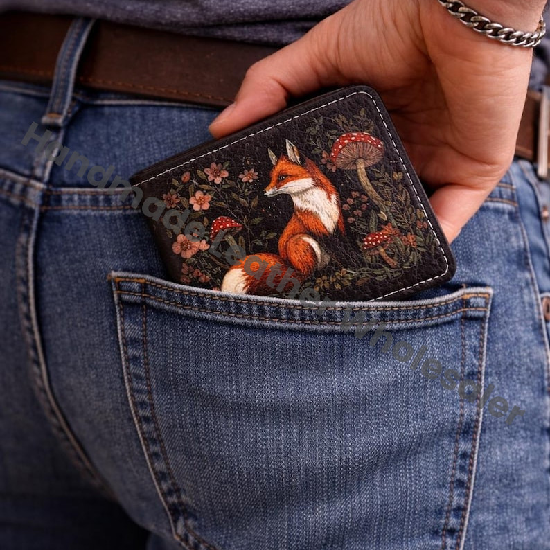 Handmade Fox & Mushroom Design Leather Wallet