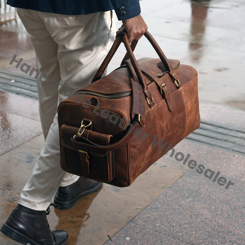 Handmade Full Grain Leather Duffle Bag, Laser Engraved Weekender Carry-on Luggage, Retro Travel Holdall For Men, Personalised Gifts For Him