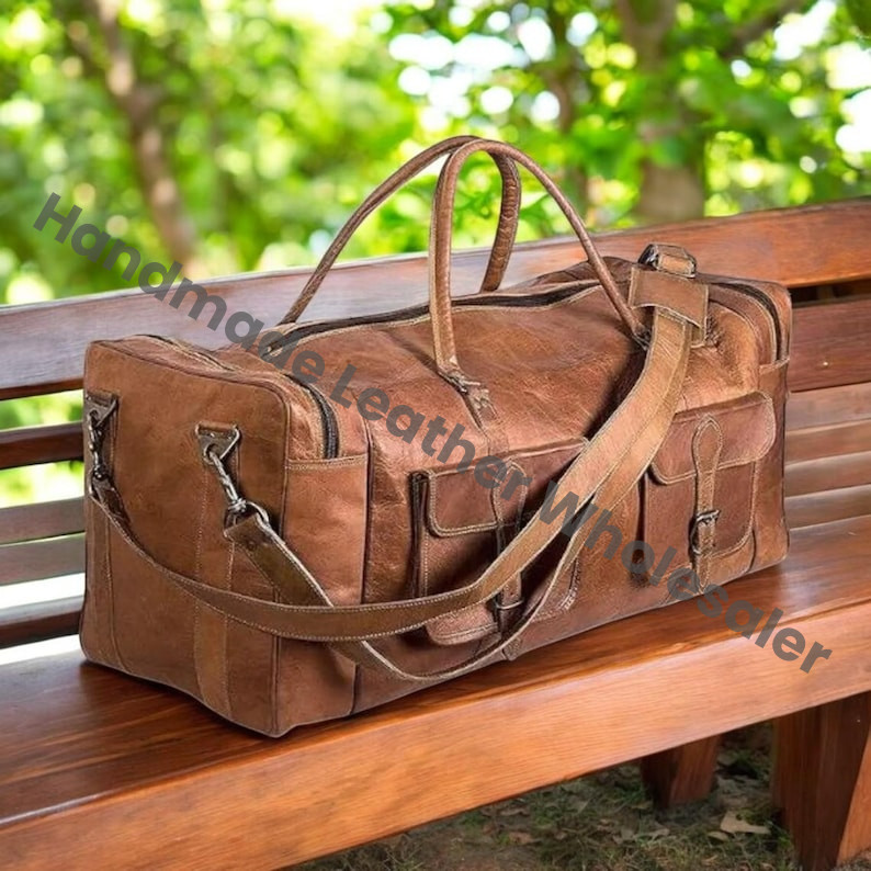 Handmade Full Grain Leather Duffle Bag: Personalized Weekender Travel Bag