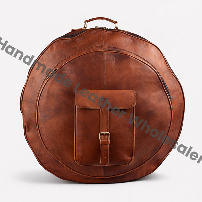 Handmade Genuine Leather Drum Case Bag | Premium Round Leather Drum Bag with Front Pocket Professional Vintage Brown Leather Percussion Bag.
