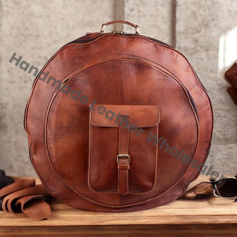 Handmade Genuine Leather Drum Case Bag | Premium Round Leather Drum Bag with Front Pocket Professional Vintage Brown Leather Percussion Bag.