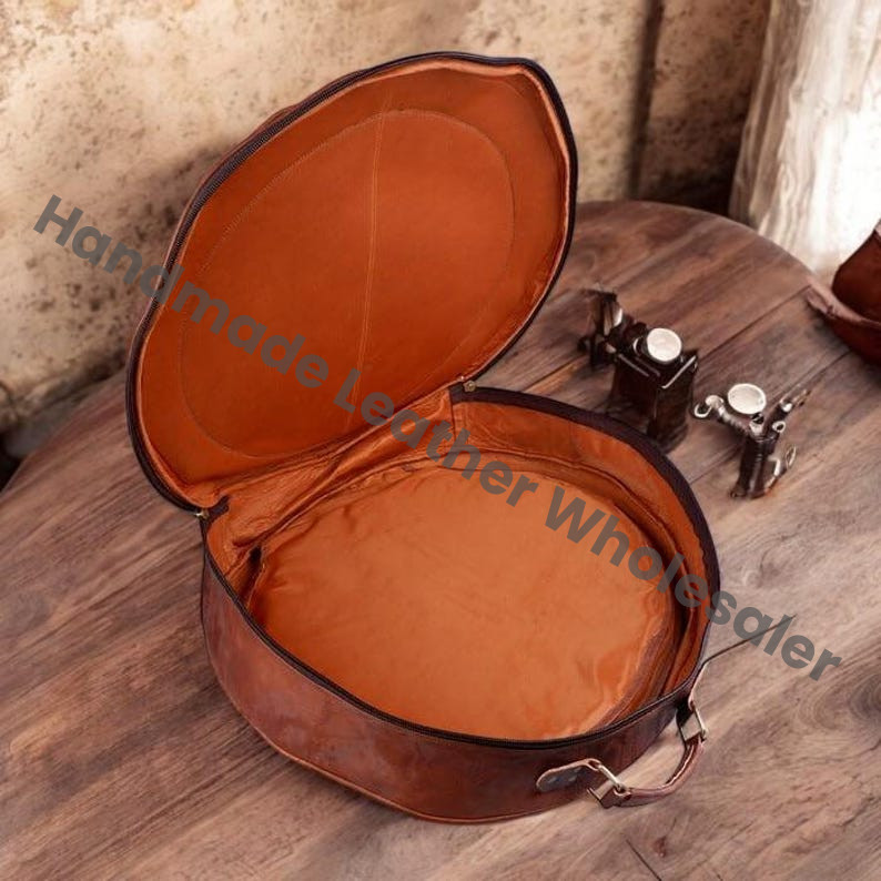 Handmade Genuine Leather Drum Case Bag | Premium Round Leather Drum Bag with Front Pocket Professional Vintage Brown Leather Percussion Bag.