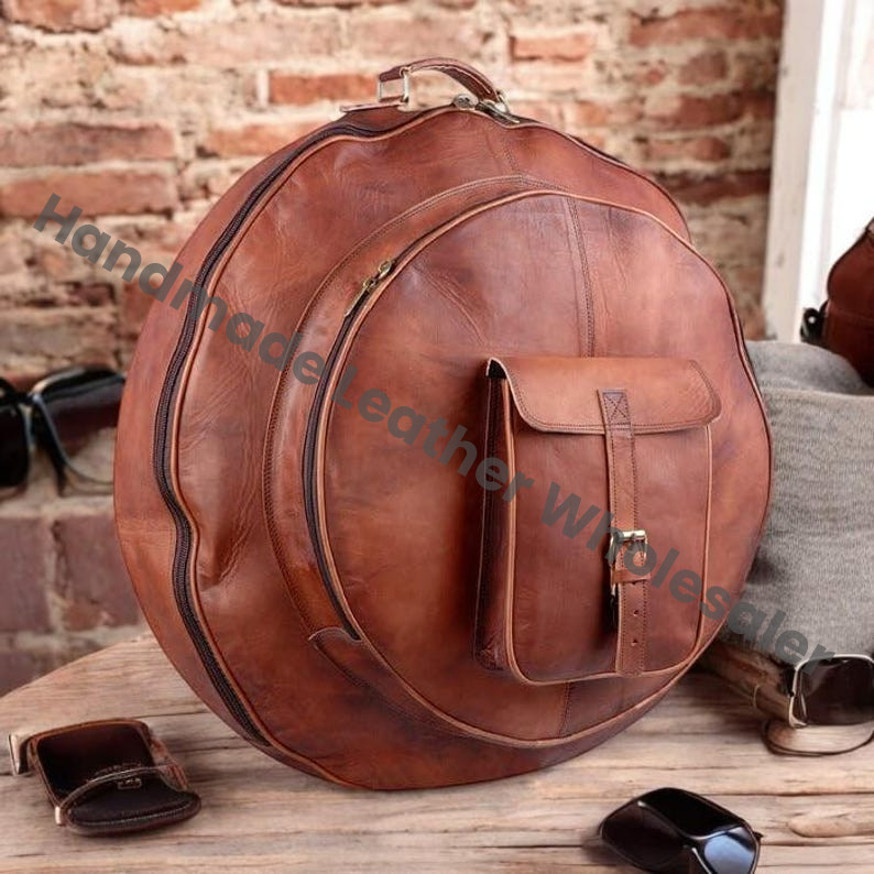 Handmade Genuine Leather Drum Case Bag | Premium Round Leather Drum Bag with Front Pocket Professional Vintage Brown Leather Percussion Bag.