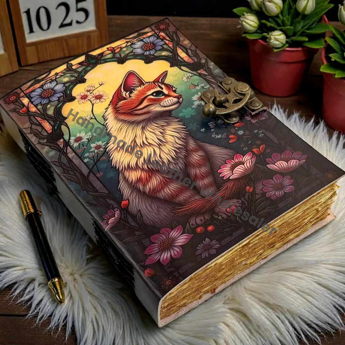 Handmade Gothic Magic Cat Leather Grimoire journal | Witchcraft Pagan Diary | Wiccan Blank Spell Book