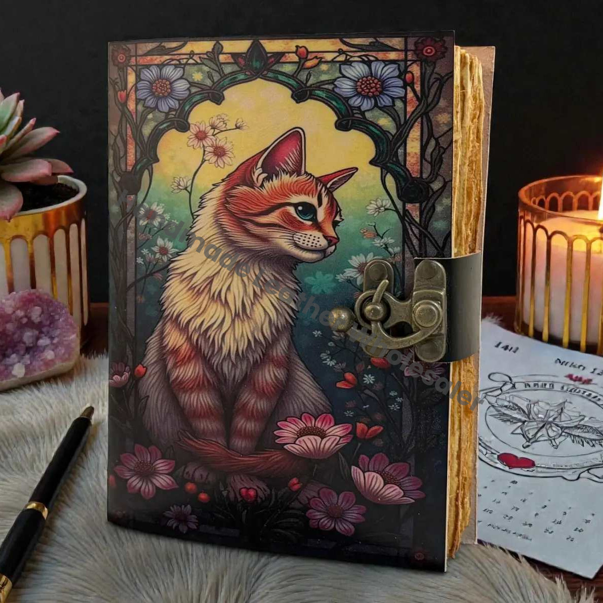 Handmade Gothic Magic Cat Leather Grimoire journal | Witchcraft Pagan Diary | Wiccan Blank Spell Book