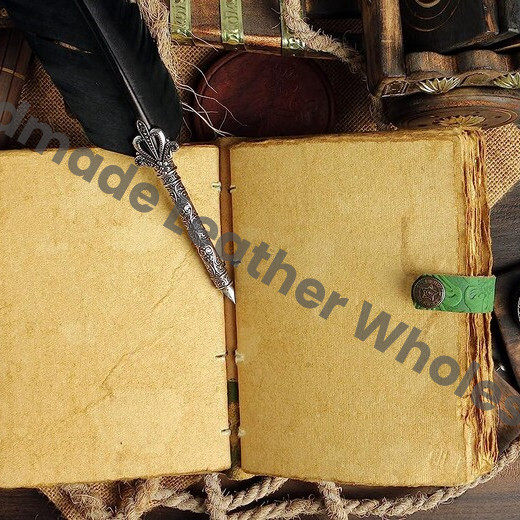 Handmade Green Leather Journal – Embossed Flower Grimoire, Deckle Edge Paper, Vintage Book of Shadows, Wiccan Pagan Gothic Gift