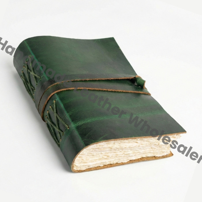 Handmade Green Leather Journal - Vintage White Deckle Edge Paper, Book of Shadows