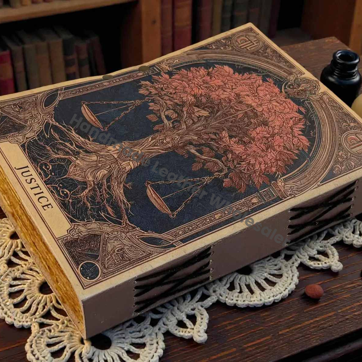 Handmade Grimoire Justice Tree of Life Leather Journal - VIntage Blank Spell Book of Shadows - Antique Closure