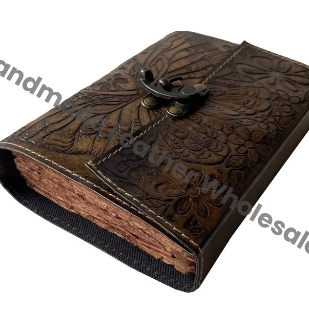 Handmade Hardcover Leather Address Book Vintage Butterfly Flower Embossed Deckle Edge Eco-friendly Paper Customized