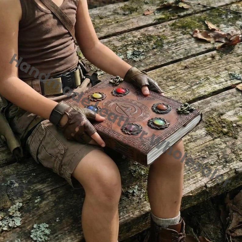 Handmade Large Avengers Infinity Stones Brown Leather Journal, Thanos Gauntlet Sketch Book, Marvel Lovers Gift For Him & Her
