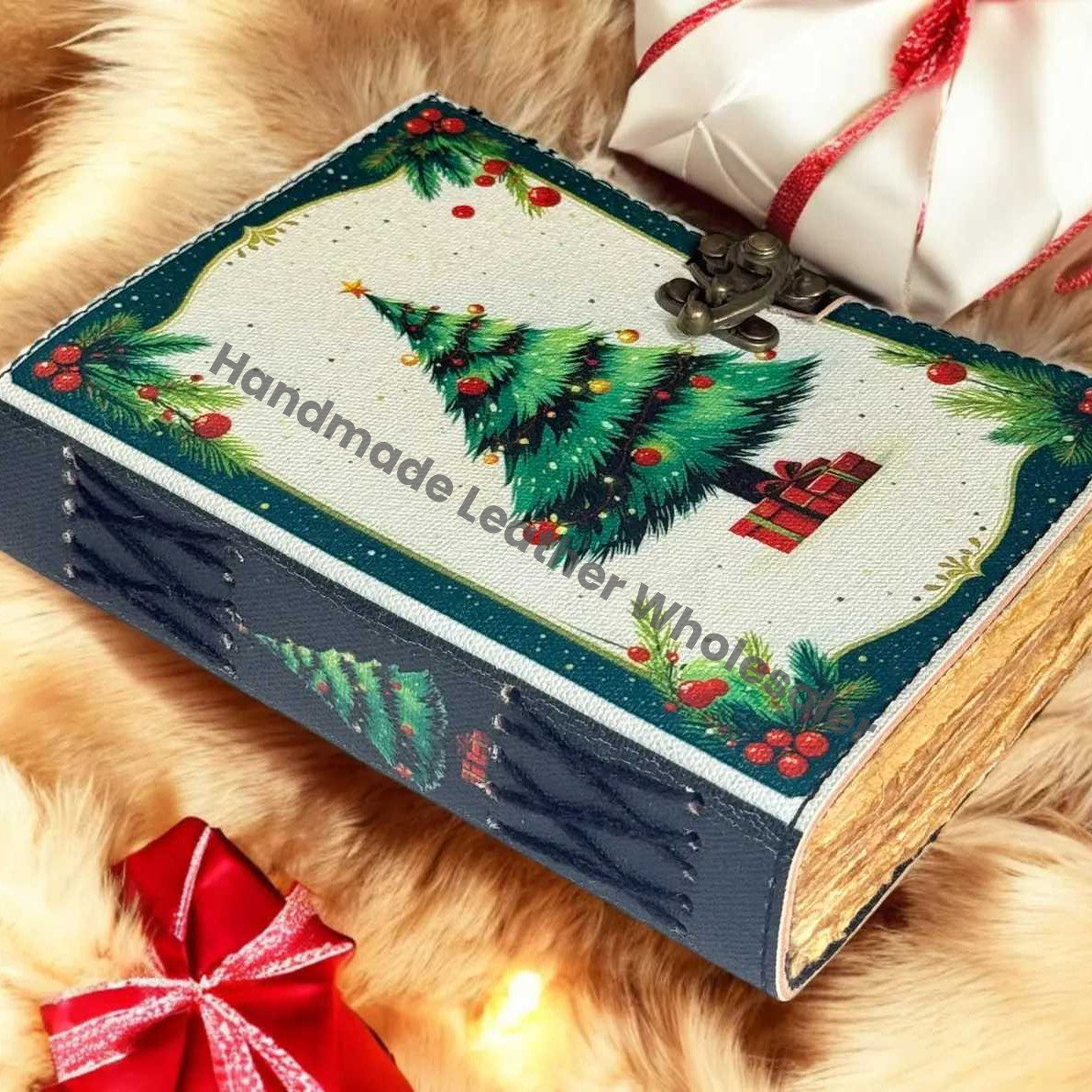 Handmade Leather Christmas Journal: Vintage Tree, Festive Scrapbook