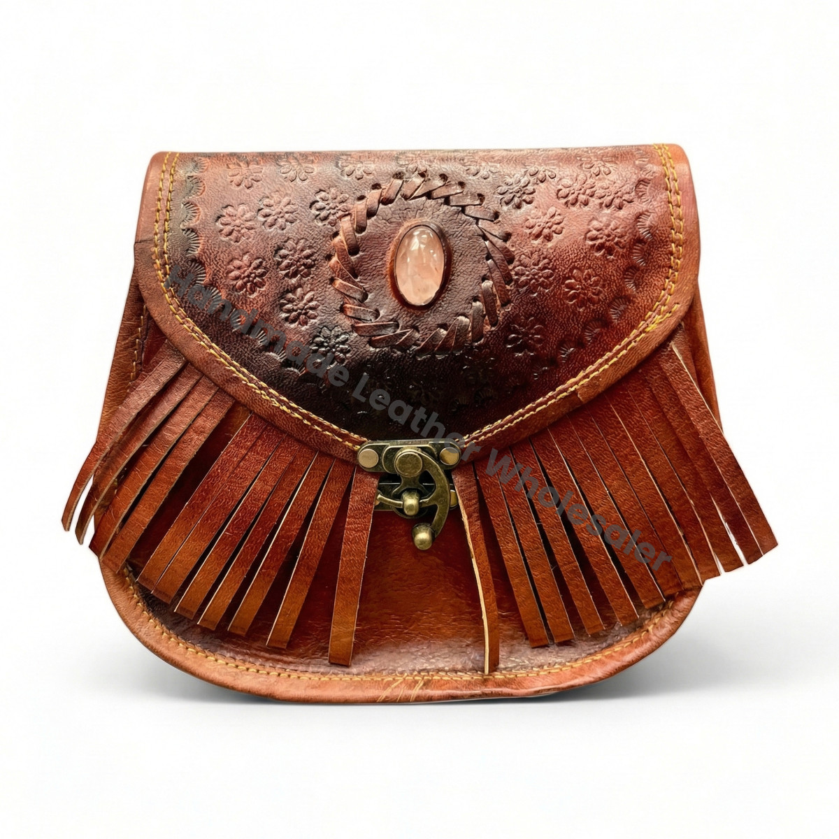 Handmade Leather Crossbody Bag – Boho Fringe Purse with Onyx Stone, Vintage Western Festival Shoulder Bag, Gypsy Hippie Tote, Gift for Her