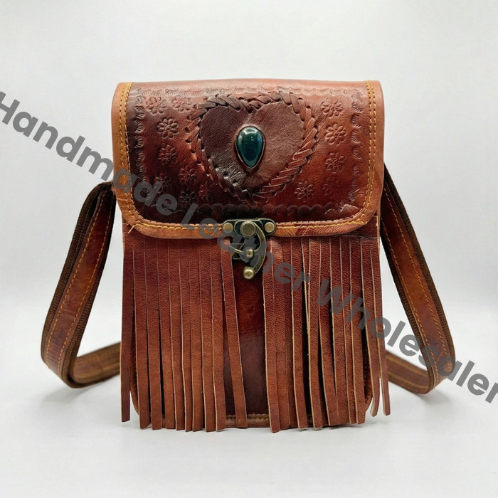 Handmade Leather Crossbody Bag – Boho Fringe Purse with Stone Heart, Vintage Festival Shoulder Bag, Western Gypsy Hippie Tote, Gift for Her
