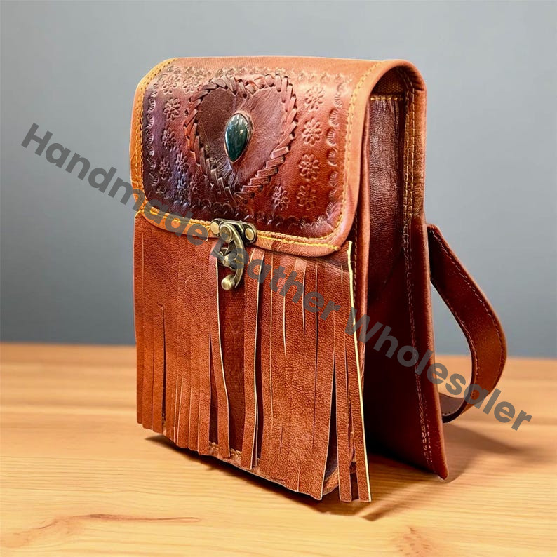 Handmade Leather Crossbody Bag – Boho Fringe Purse with Stone Heart, Vintage Festival Shoulder Bag, Western Gypsy Hippie Tote, Gift for Her