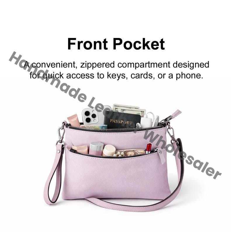 Handmade Leather Crossbody Bag, Minimalist Zipper Pouch with Free Strap