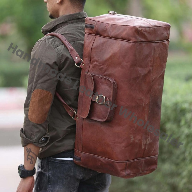 Handmade Leather Duffle Bag: Buffalo Cowhide Weekender Gym Bag