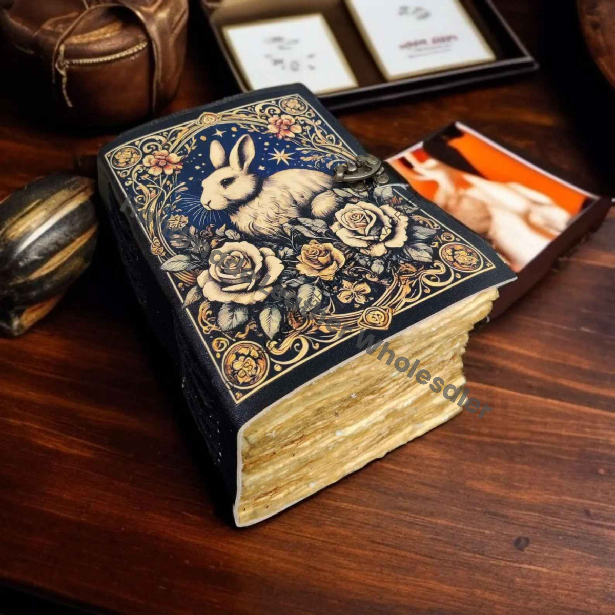 Handmade Leather Grimoire: Easter Bunny Journal, Blank Book of Shadows
