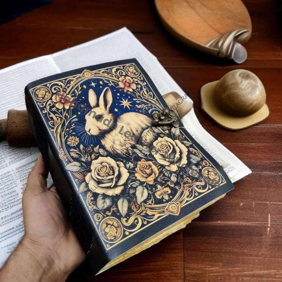 Handmade Leather Grimoire: Easter Bunny Journal, Blank Book of Shadows