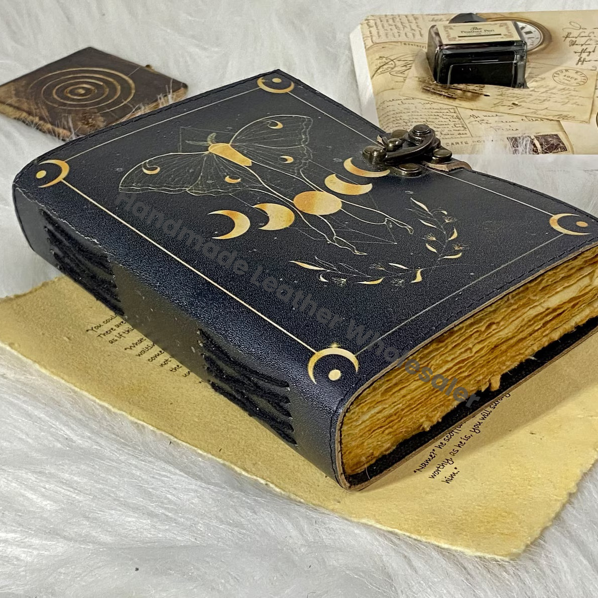 Handmade Leather Grimoire: Luna Moth & Moon Phases Spell Book
