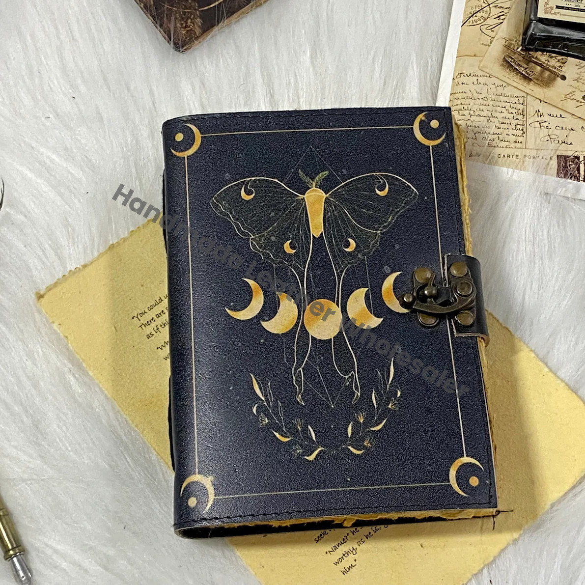 Handmade Leather Grimoire: Luna Moth & Moon Phases Spell Book