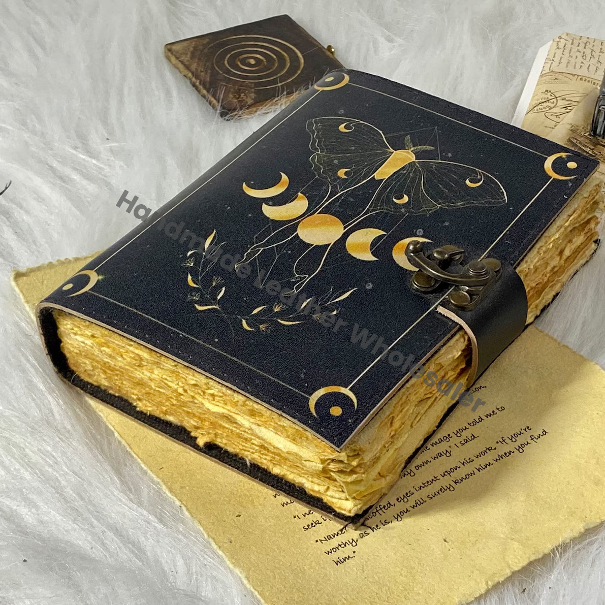 Handmade Leather Grimoire: Luna Moth & Moon Phases Spell Book