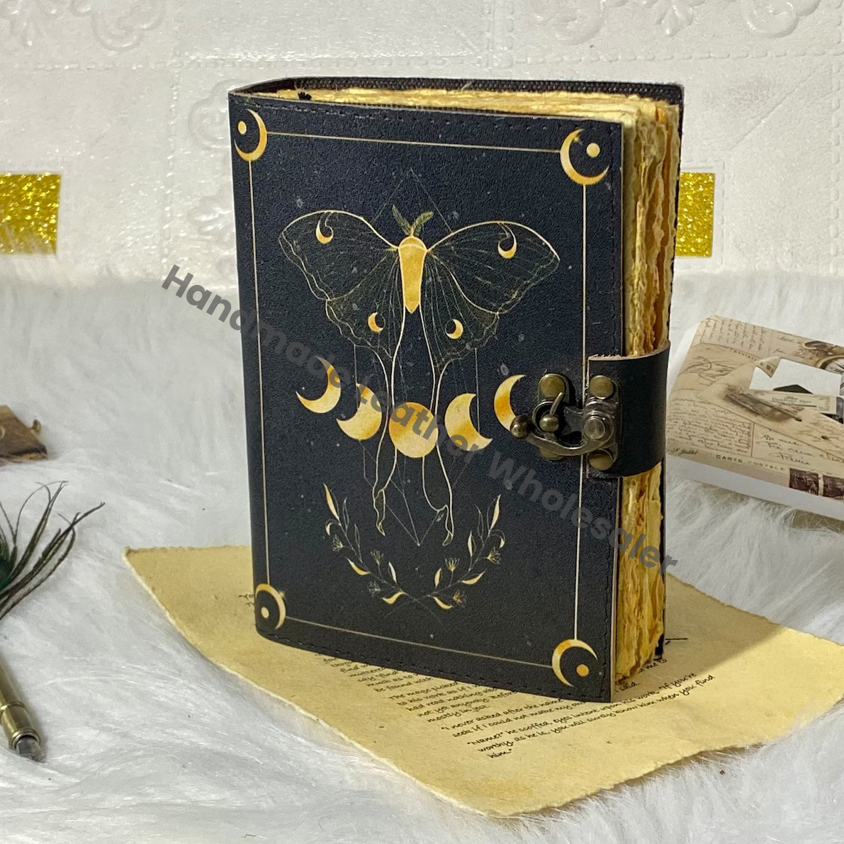 Handmade Leather Grimoire: Luna Moth & Moon Phases Spell Book