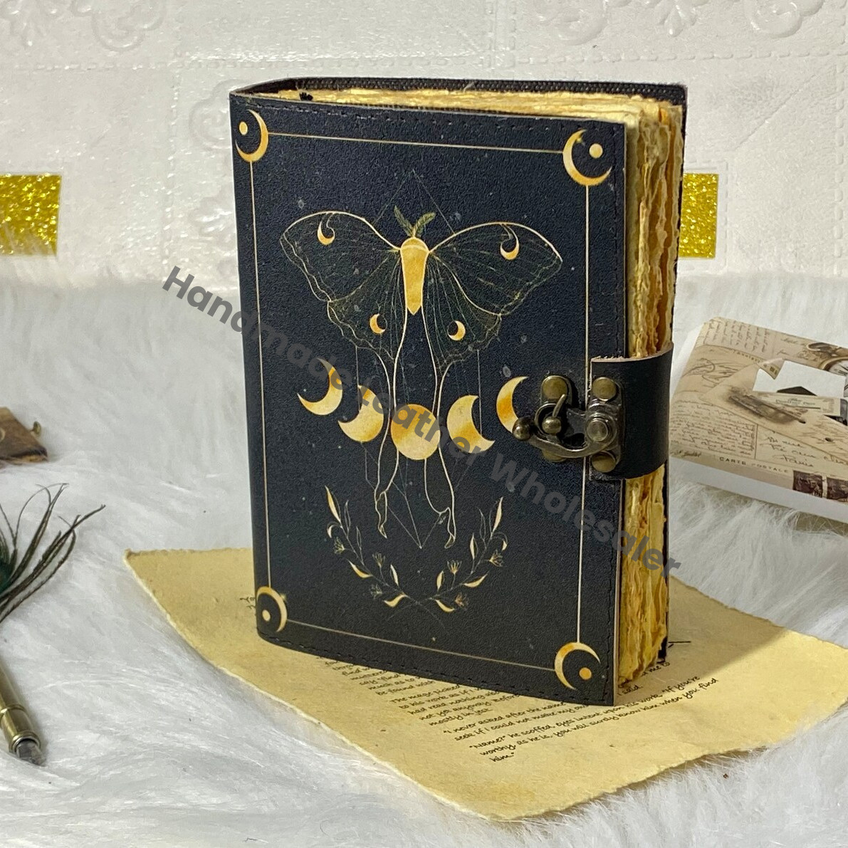 Handmade Leather Grimoire: Luna Moth & Moon Phases Spell Book