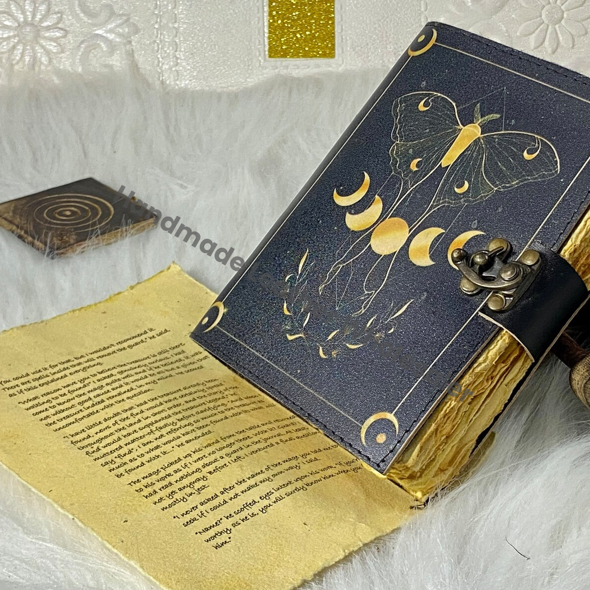 Handmade Leather Grimoire: Luna Moth & Moon Phases Spell Book