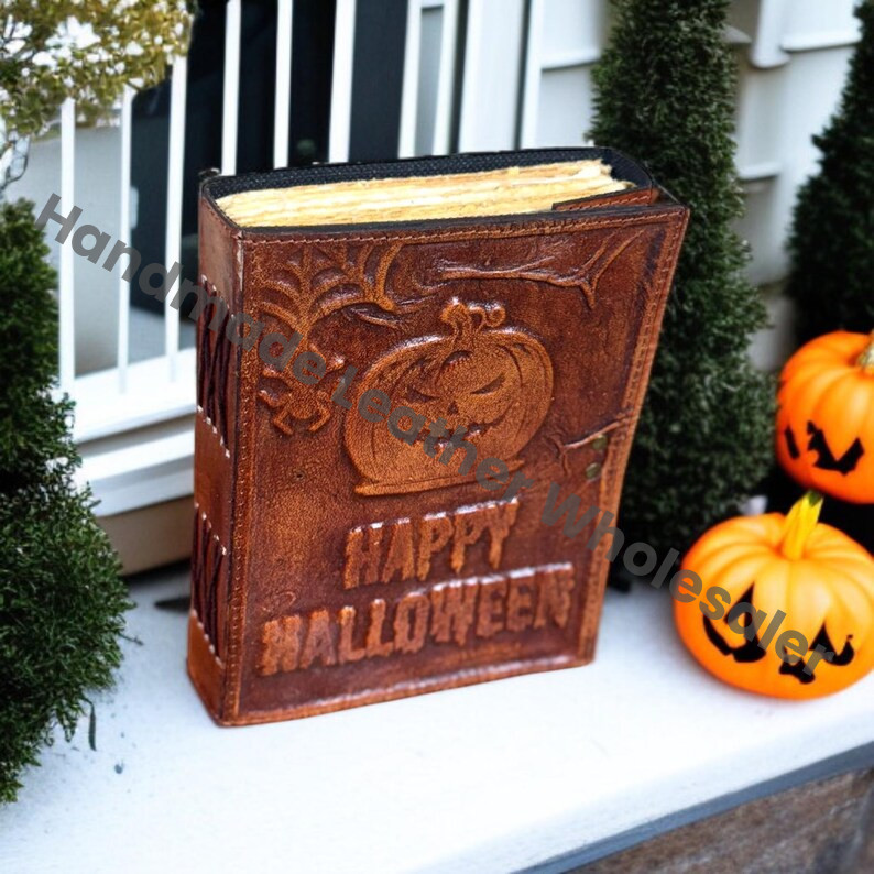 Handmade Leather Halloween Journal: Embossed Pumpkin Gothic Grimoire