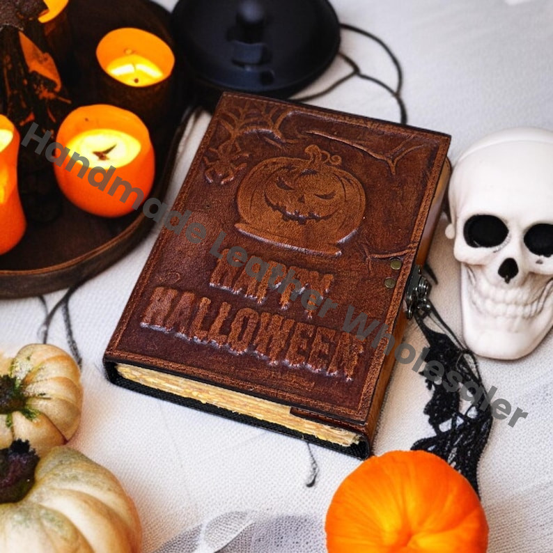 Handmade Leather Halloween Journal: Embossed Pumpkin Gothic Grimoire