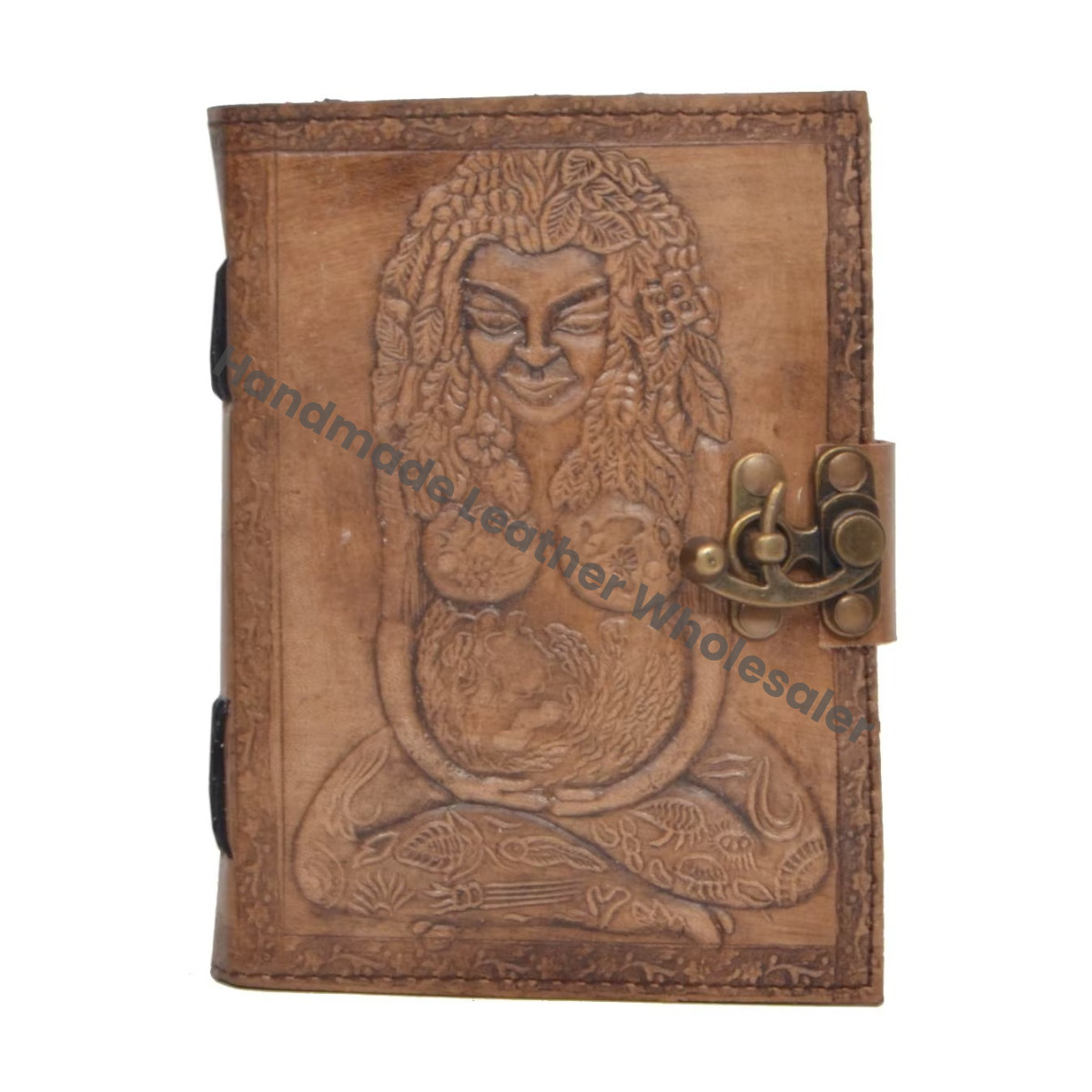 Handmade Leather Hardcover Diary Mother Earth Embossed Design Brass Clasp Vintage Journal Gift Notebook