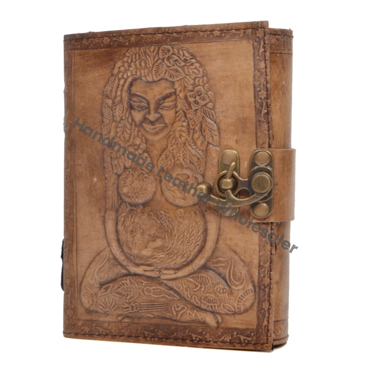 Handmade Leather Hardcover Diary Mother Earth Embossed Design Brass Clasp Vintage Journal Gift Notebook