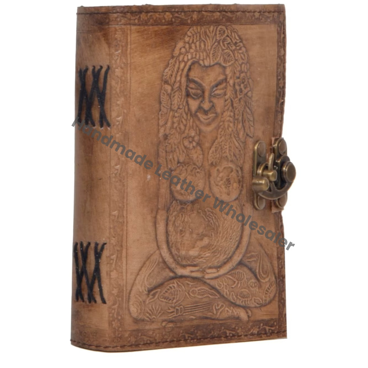 Handmade Leather Hardcover Diary Mother Earth Embossed Design Brass Clasp Vintage Journal Gift Notebook