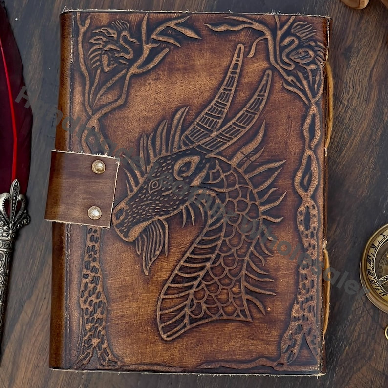 Handmade Leather Journal, Dragon Embossed Book of Shadows