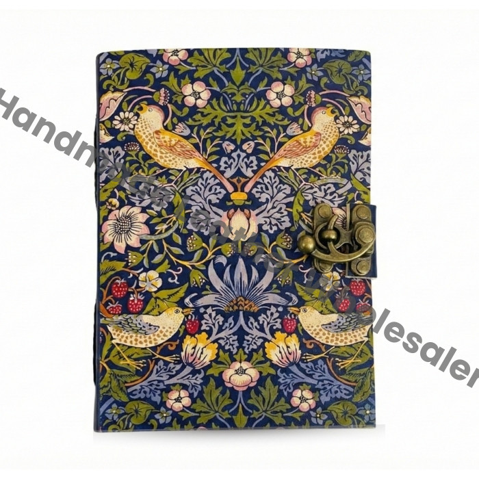 Handmade Leather journal, floral - bird journal, Vintage Natural notebook, deckle paper, antique lock,