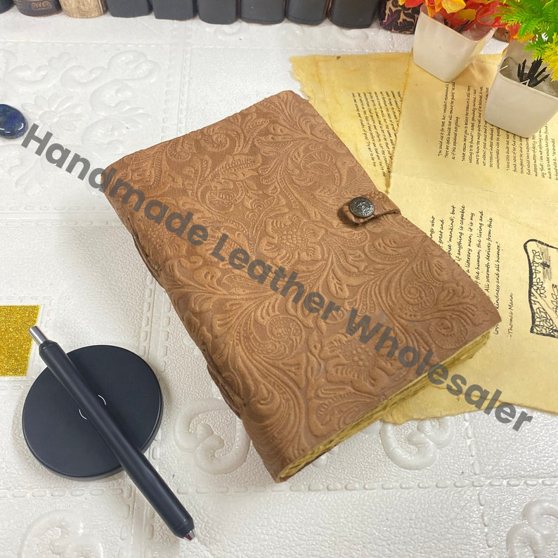 Handmade Leather Journal: Garden Flower Embossed Grimoire with Deckle Edge Paper