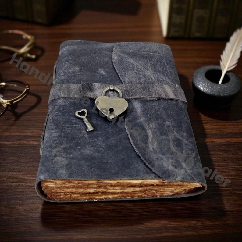 Handmade Leather Journal: Heart Lock, Blank Book of Shadows Grimoire