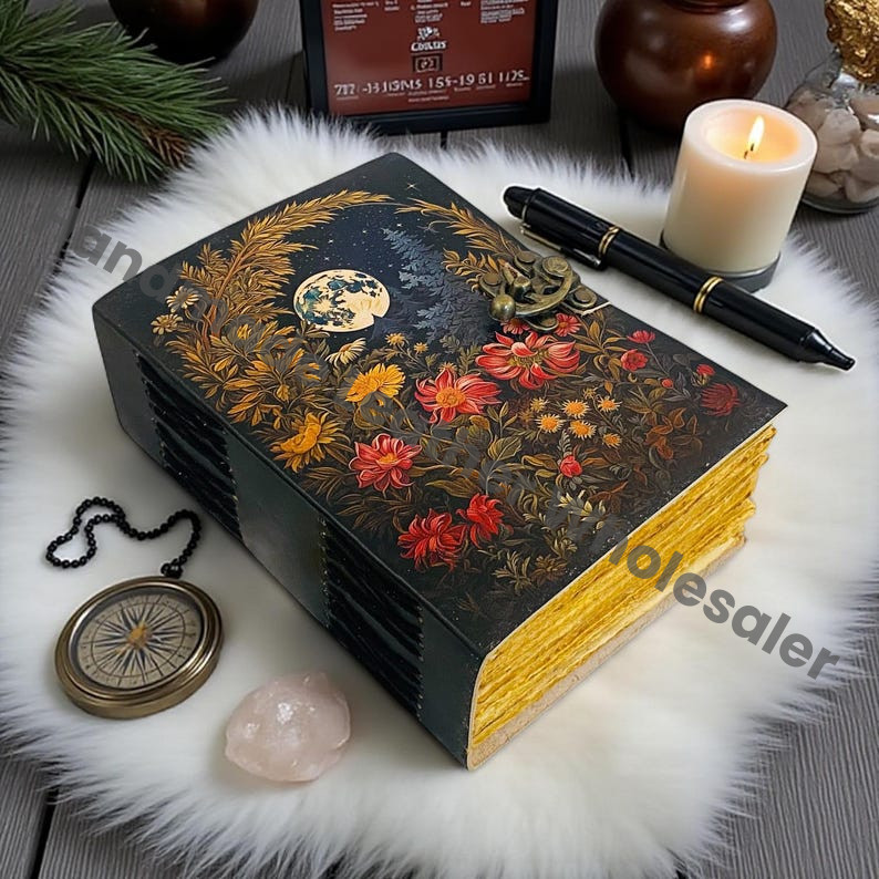 Handmade Leather Journal – Moon Floral Design, Antique Lock Notebook