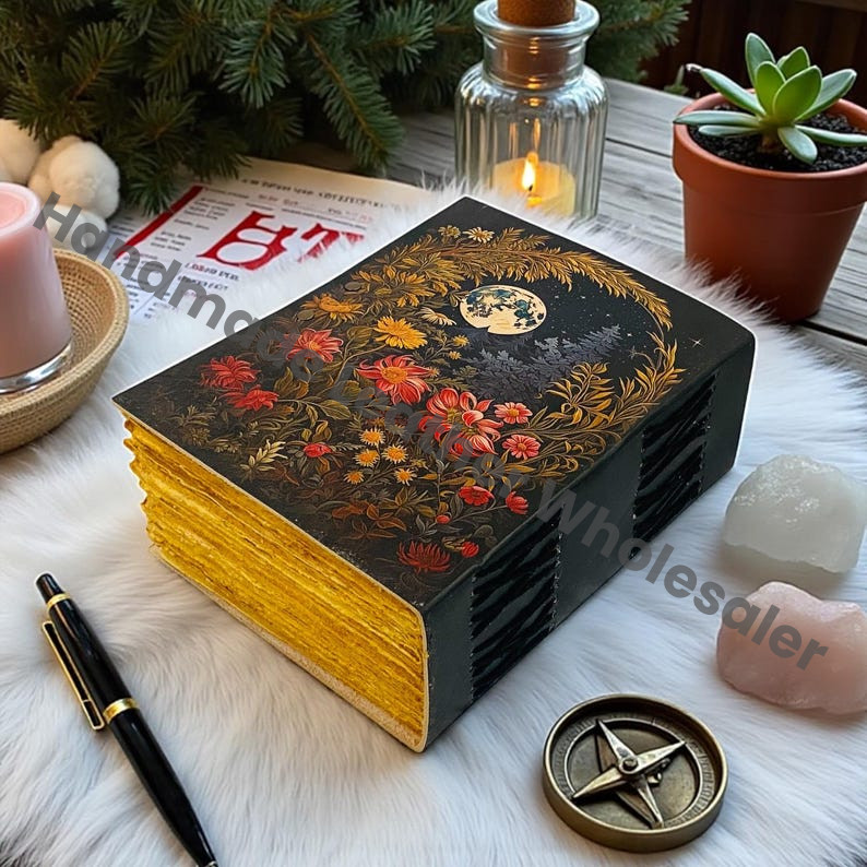 Handmade Leather Journal – Moon Floral Design, Antique Lock Notebook
