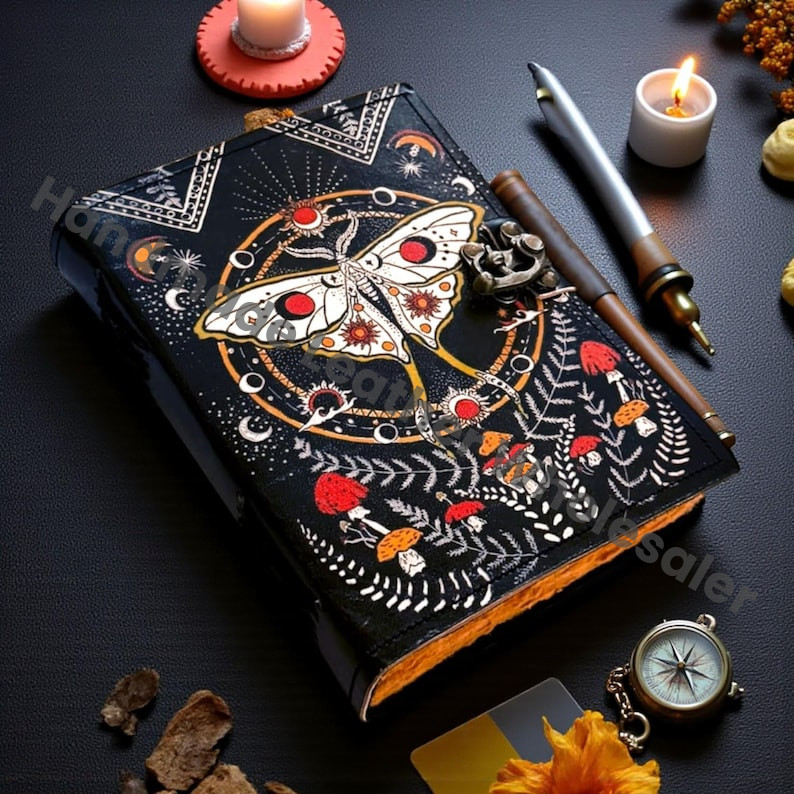 Handmade Leather Journal | Mystical Butterfly Grimoire, Celestial Book of Shadows