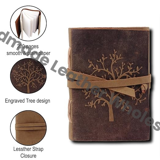 Handmade Leather Journal/Notebook | Tree Embossed Diary with Leather Wrap Closure (Writing, Sketching, Gifting)