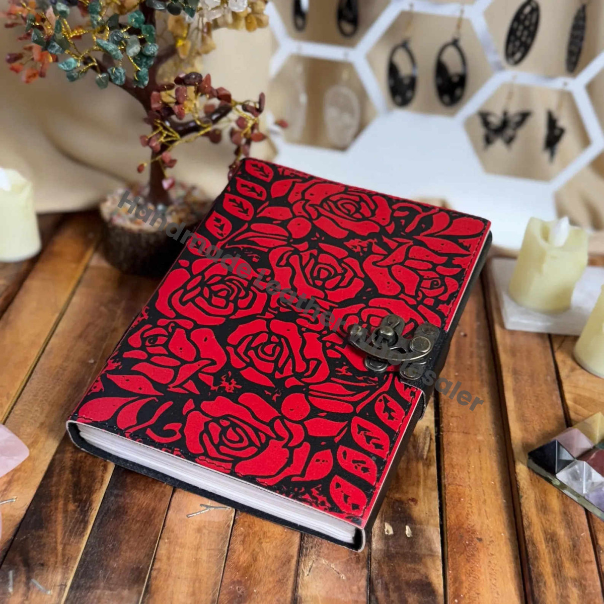 Handmade Leather Journal: Red Rose Embossed Gothic Lock Diary