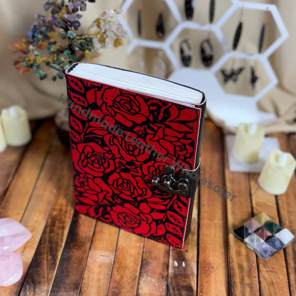 Handmade Leather Journal: Red Rose Embossed Gothic Lock Diary