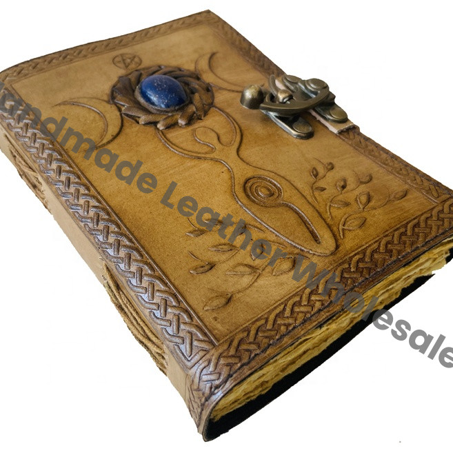 HANDMADE LEATHER JOURNAL Stone Tooled Triple Moon Crystal Spell Book Women's Travel Office Sketchbook Recyclable Paper Gift