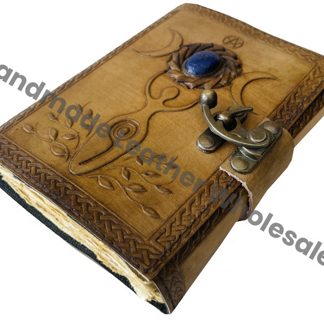 HANDMADE LEATHER JOURNAL Stone Tooled Triple Moon Crystal Spell Book Women's Travel Office Sketchbook Recyclable Paper Gift