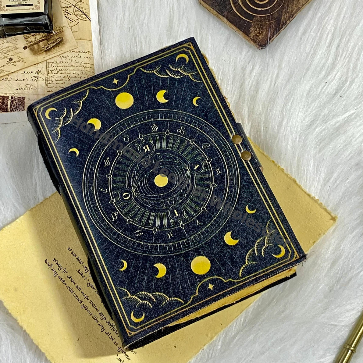 Handmade Leather Journal: Sun & Moon Grimoire, Deckle Edge Paper