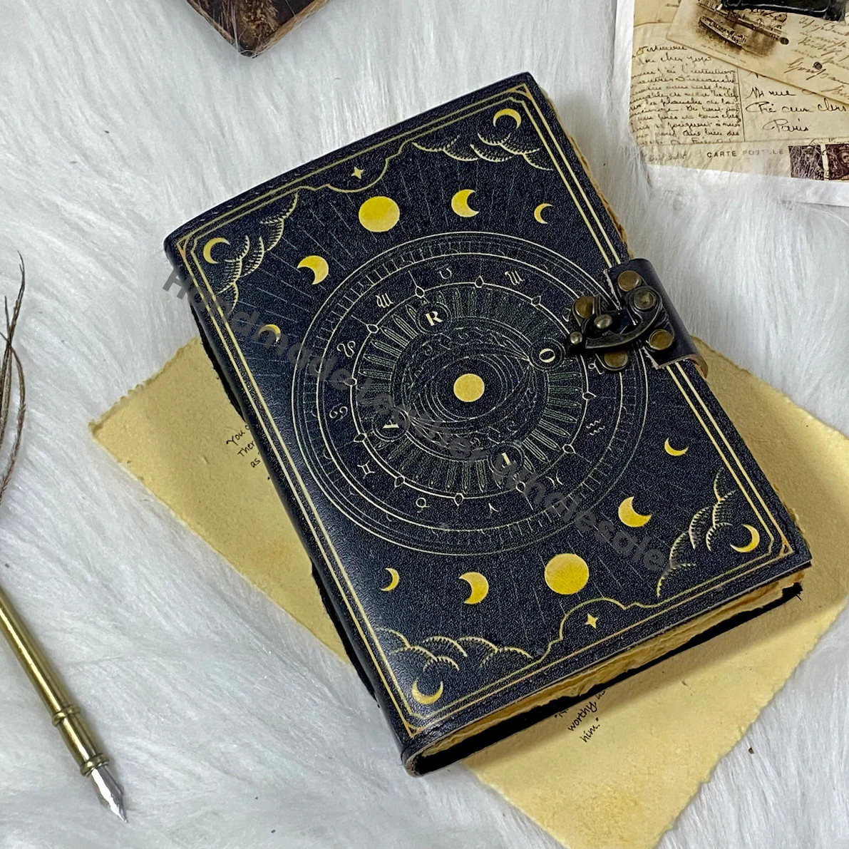 Handmade Leather Journal: Sun & Moon Grimoire, Deckle Edge Paper