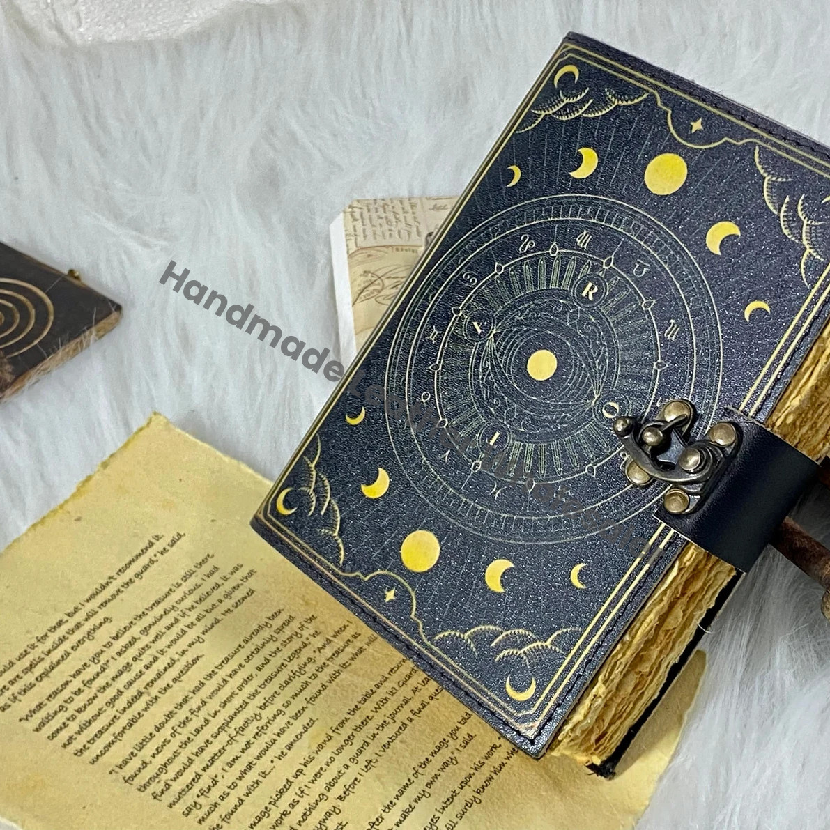Handmade Leather Journal: Sun & Moon Grimoire, Deckle Edge Paper