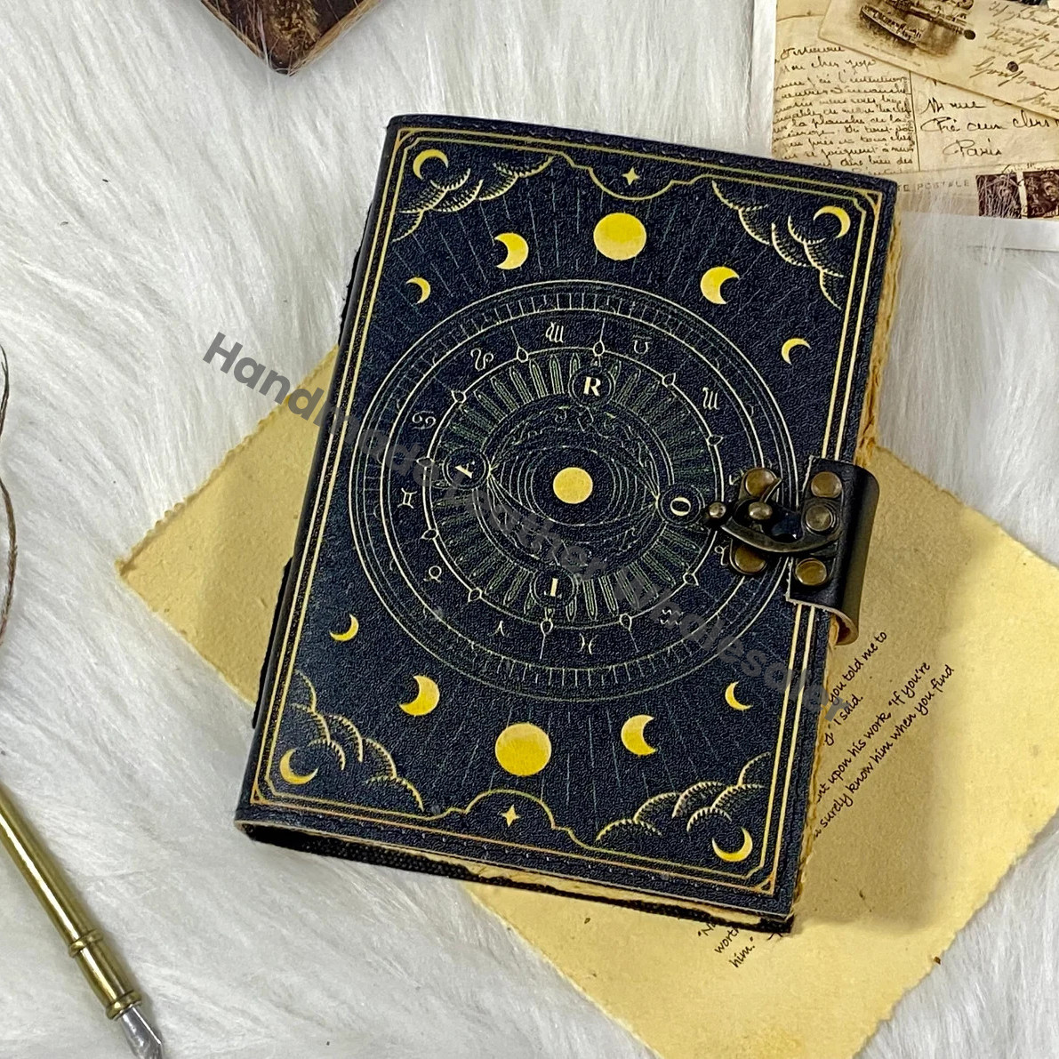 Handmade Leather Journal: Sun & Moon Grimoire, Deckle Edge Paper