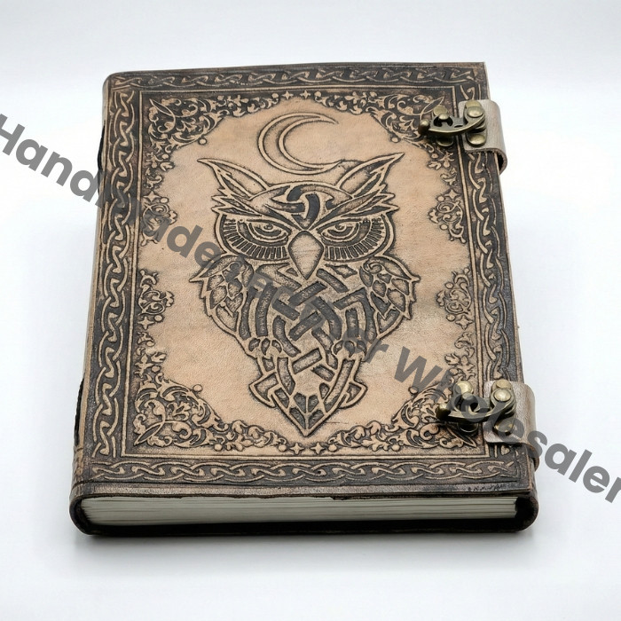Handmade Leather Journal with Celtic Owl, Embossed Book of Shadows
